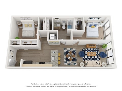 Floor plan for 2 beds, 1 bath, 866 sqft